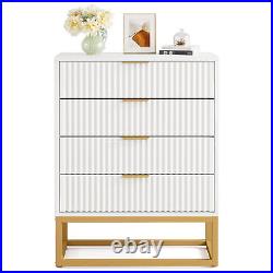 White Gold Modern Dresser Chest of 4 Drawers, Wood Metal Large Storage Organizer