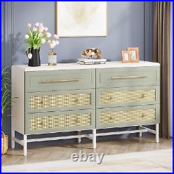 White Green 6 Drawer Chest, Modern Wood Double Dresser with Rattan for Bedroom