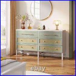 White Green 6 Drawer Chest, Modern Wood Double Dresser with Rattan for Bedroom