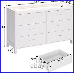 White LED Dresser for Bedroom 6 Drawer Wood Chest of Drawers Modern Storage