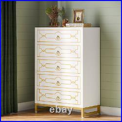 White Modern Wood Home Storage Dresser Chest of 5 Drawers with Gold Metal Legs
