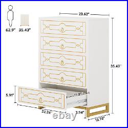 White Modern Wood Home Storage Dresser Chest of 5 Drawers with Gold Metal Legs