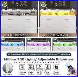 White Storage Cabinet TV Stand Dresser LED Lights Chest of 4 Drawers for Bedroom