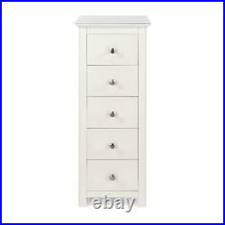 White Wooden Narrow 5 Drawer Bedroom Storage Chest Unit Toughened Glass Top Tall
