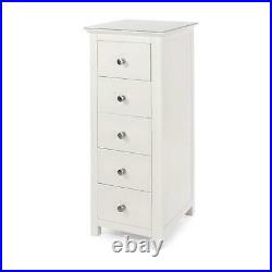 White Wooden Narrow 5 Drawer Bedroom Storage Chest Unit Toughened Glass Top Tall