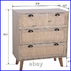 Wood Accent Storage Cabinet Bedroom Nightstand Dresser Chest with 3 Rattan Drawers