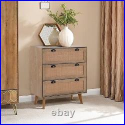 Wood Accent Storage Cabinet Bedroom Nightstand Dresser Chest with 3 Rattan Drawers