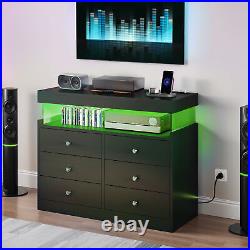 Wood Chest of Drawer 6 Drawer Dresser with LED Lights & Power Hub Double Storage