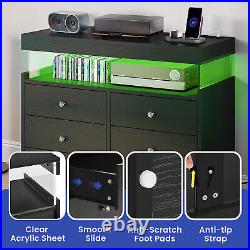 Wood Chest of Drawer 6 Drawer Dresser with LED Lights & Power Hub Double Storage