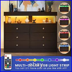 Wood Chest of Drawer 6 Drawer Dresser with LED Lights & Power Hub Double Storage