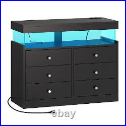 Wood Chest of Drawer 6 Drawer Dresser with LED Lights & Power Hub Double Storage