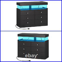 Wood Chest of Drawer 6 Drawer Dresser with LED Lights & Power Hub Double Storage