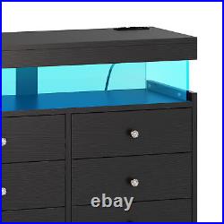 Wood Chest of Drawer 6 Drawer Dresser with LED Lights & Power Hub Double Storage