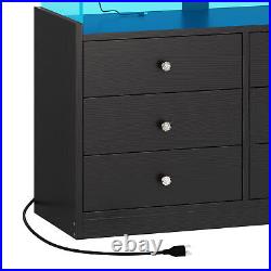 Wood Chest of Drawer 6 Drawer Dresser with LED Lights & Power Hub Double Storage