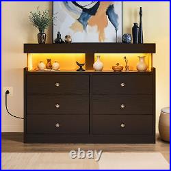 Wood Chest of Drawer 6 Drawer Dresser with LED Lights & Power Hub Double Storage