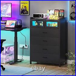 Wood Chest of Drawers with LED Lights Modern Dresser with 6 Drawer Cloth Organizer