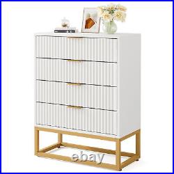 Wood Modern Dresser Chest of 4 Drawers, White Large Storage Organizer Metal Legs