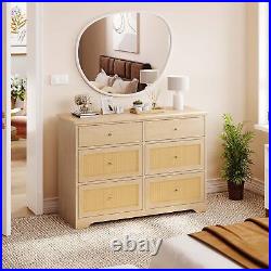 Wood Rattan Dresser for Bedroom with 6 Drawers Chests of Drawer Closet Organizer
