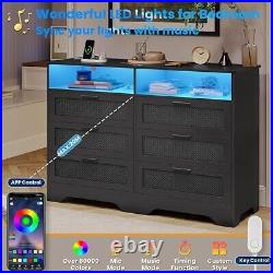 Wooden Large Capacity Storage Chest of Drawers with Charging Station LED Lights